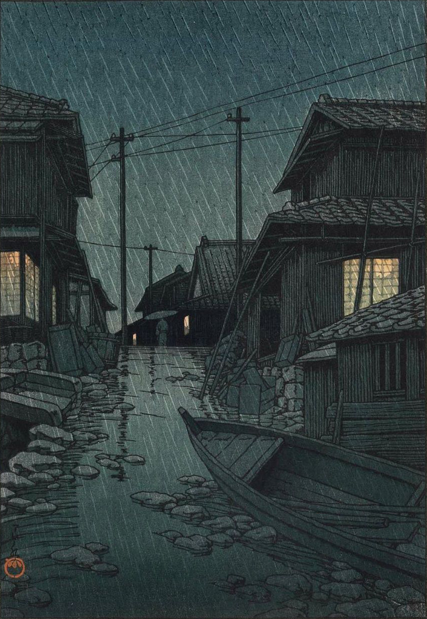 Kawase Hasui 1883-1957 Wieczorny deszcz w... - Hoverion - Wykop.pl